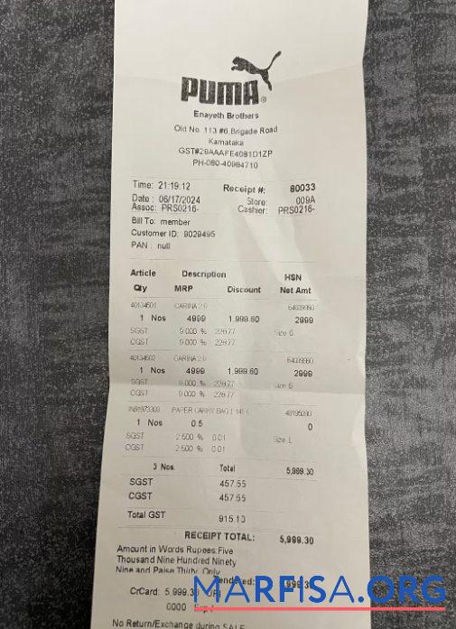 Downloadable Puma store payment check sample